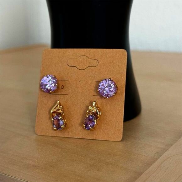 Gold Plated Lavender Zirconia Stud Earrings Anniversary Elegant Gift Set of 2 - Picture 4 of 7